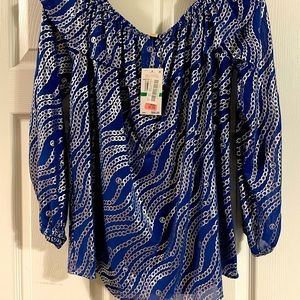 NWT Michael Michael Kors Womens Size Blue and Silver Metallic Chain-Print Top